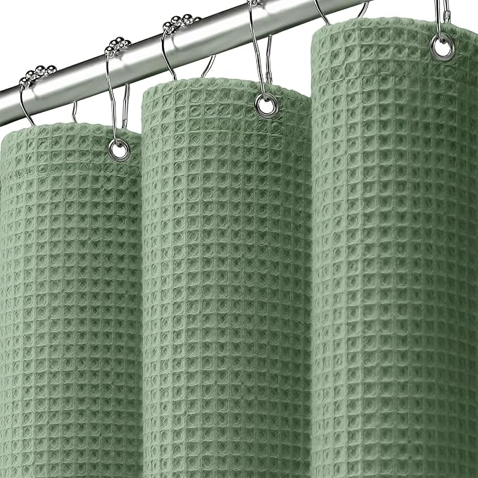 Long Waffle Shower Curtain Heavyweight Cotton Fabric Sage Green 72Wx84L | Soft Cotton Cloth,3D Square Truely Waffle,Washable, Hotel Luxury Spa, Shower Curtains for Narrow Bathroom 12 Plastic Hooks