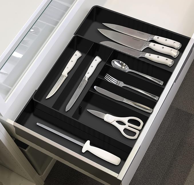 Simple Houseware Expandable Kitchen Drawer Flatware Organizer, Black | Expandable Kitchen Drawer Flatware Organizer, Black – Adjustable Cutlery Tray with 9 Compartments for Utensils and Silverware