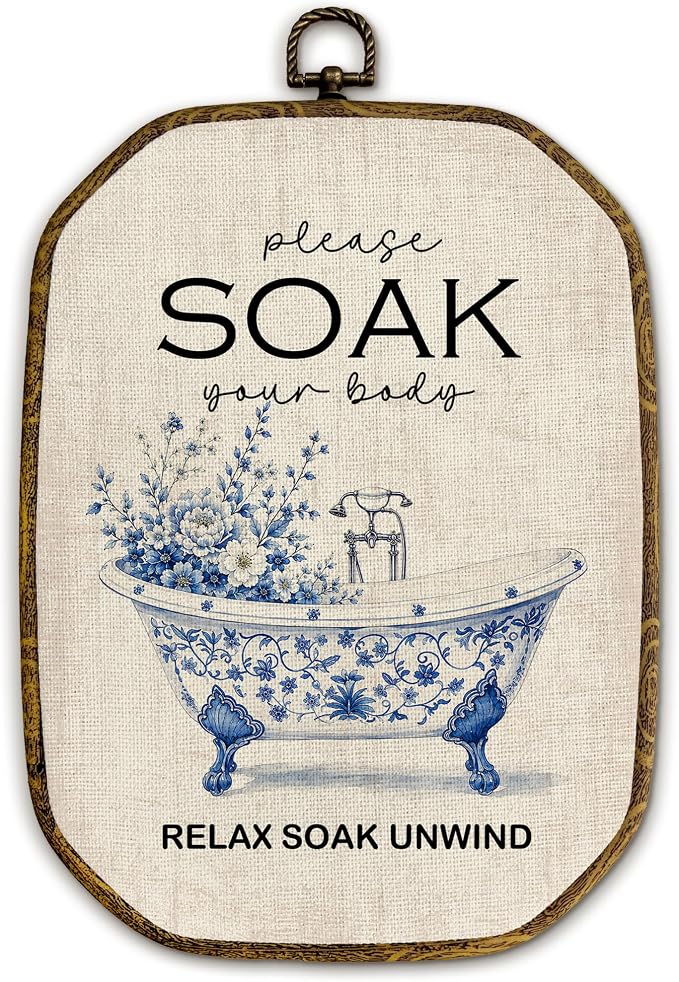 Yjeslw Vintage Chinoiserie Funny Bathroom Octagon Wall Art Decor | Blue and White Framed Canvas Prints, Grand Millenial Wall Hanging Decorations for Home Bathroom Washroom Toilet Decor, 10.2x7