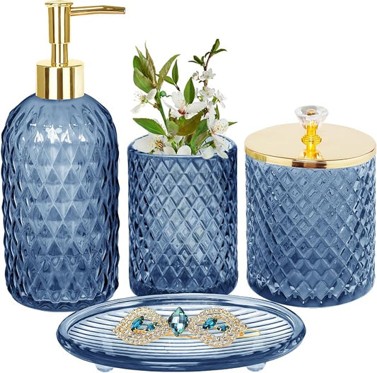 Haturi Glass Bathroom Accessories Set, Navy Blue Bathroom Set, 4 Pcs | Kit w/ Bathroom Soap Dispenser Set, Toothbrush Holder, Qtip Holder, Vanity Tray, Blue Bathroom Decor, Gift for Home Apartment