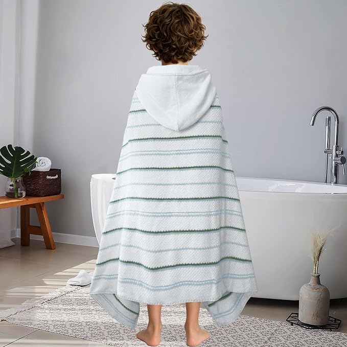 VOOVA & MOVAS Big Kids Hooded Towel, 8+, 100% Cotton, White Blue Green | Multi-Color Horizontal Stripe, Soft, Absorbent & Quick Dry, Ideal for Pool, Beach and Bath Time