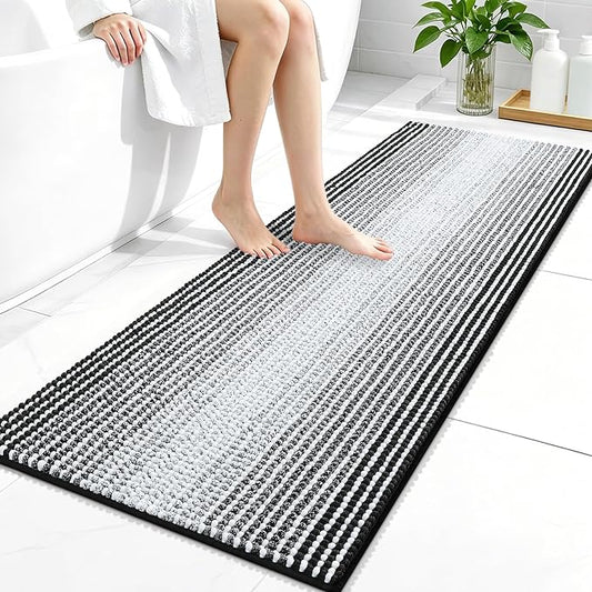 OLANLY Bathroom Runner Rugs 47x20, Soft Chenille Striped Bath Rugs, Black | Extra Absorbent, Rubber Backing, Machine Wash Dry, Bath Mats for Bathroom Floor, Tub and Shower, Home Decor Accessories
