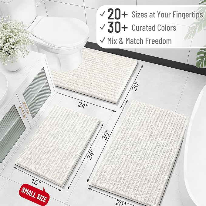 OLANLY Bathroom Runner Rugs 47x20, Thick Soft Absorbent Chenille Bath Rugs | Ivory, Quick-Drying Rubber Backing, Long Shaggy Bath Mat, Machine Washable for Floor, Tub and Shower, Home Decor Accessories
