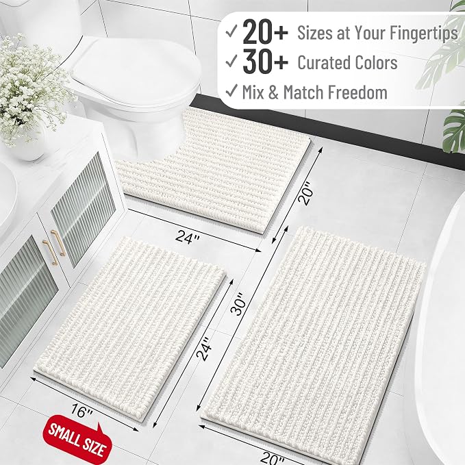 OLANLY Large Bathroom Rugs 44x32, Thick Soft Absorbent Chenille Bath Rugs | Ivory, Quick-Drying Rubber Backing, Shaggy Bath Mat, Machine Washable for Floor, Tub and Shower, Home Decor Accessories