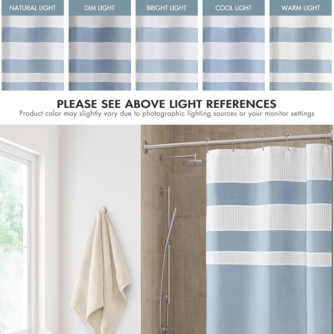 Madison Park Spa Waffle Weave Stall Shower Curtain, 36 x 72, Blue | Striped, Pieced Fabric Design, 3M Scotchgard Moisture Management, Hotel Quality, Modern, for Bathroom, OEKO-TEX Certified