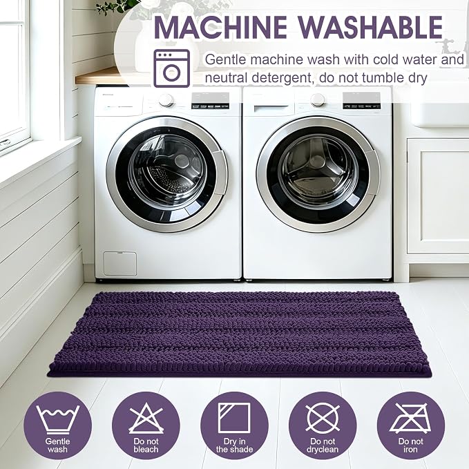 Striped Eggplant Purple Bathroom Rug Set 3 Pieces Ultra Soft, Non Slip Chenille Bath Carpet, Absorbent Plush Shaggy Bath Mats for Bathroom, Toilet, Bedroom, Kitchen