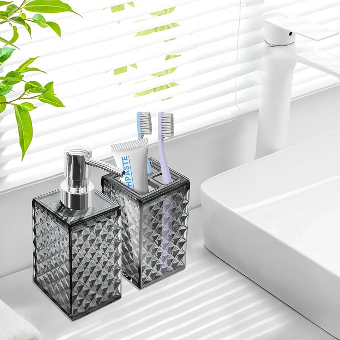 2 PCS Bathroom Accessory Set, Grey Soap Dispenser and Toothbrush Holder | Grey Bathroom Accessories Sets for Modern Bathroom Decor, Plastic Bathroom Sets