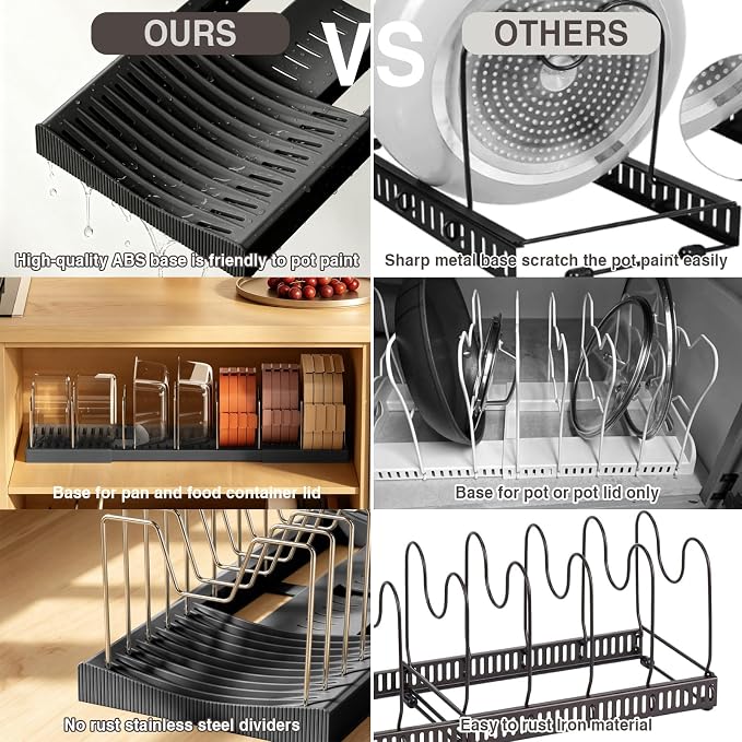 Magheo 2 Pack Pots and Pans Organizer Under Cabinet, Expandable 12.6"-22.8" Kitchen Cabinet Organizer Holder with 10 Adjustable Dividers for Food Storage Container Lid, Cookie Sheet, Cookware(Black)