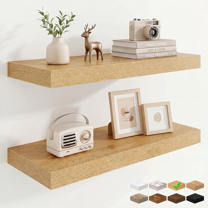 Marsmiles 9.25in Depth 24in Floating Shelves, 24x9.25x1.4, Oak, Set of 2 | Wall Mounted Engineered Wood Shelves, Invisible Brackets for Living Room, Bedroom, Bathroom, Kitchen Decor and Storage