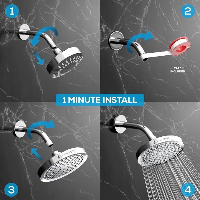 SparkPod Rain Shower Head, 6 Inch Round, Luxury Polished Chrome Finish | High Pressure Shower Heads, 90 Nozzles, Adjustable Showerhead, No Tools Needed, Universal Connection