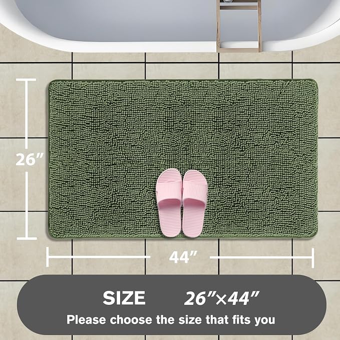 Loden Green Bathroom Rugs – Absorbent and Washable Bath Mat, Non-Slip, Thick Soft Chenille Bath Rugs for Bathroom, Kitchen, Shower, Sink - 26" x 44"