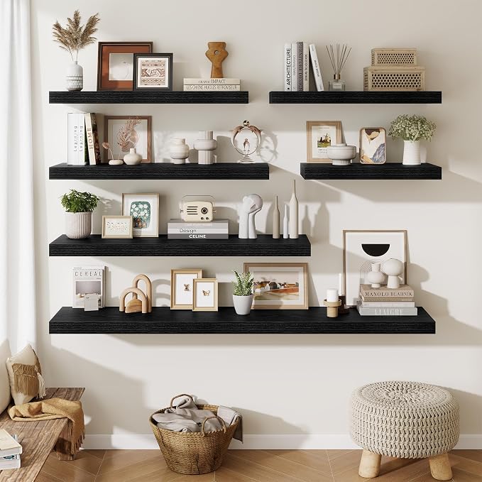 Fun Memories 72 Inch Fireplace Mantel Shelf, 12 Inch Deep Shelves for Display & Wall Storage, Rustic Wood Wall Shelf, Extra Long Floating Shelves for Living Room Laundry Room, Black, Set of 2