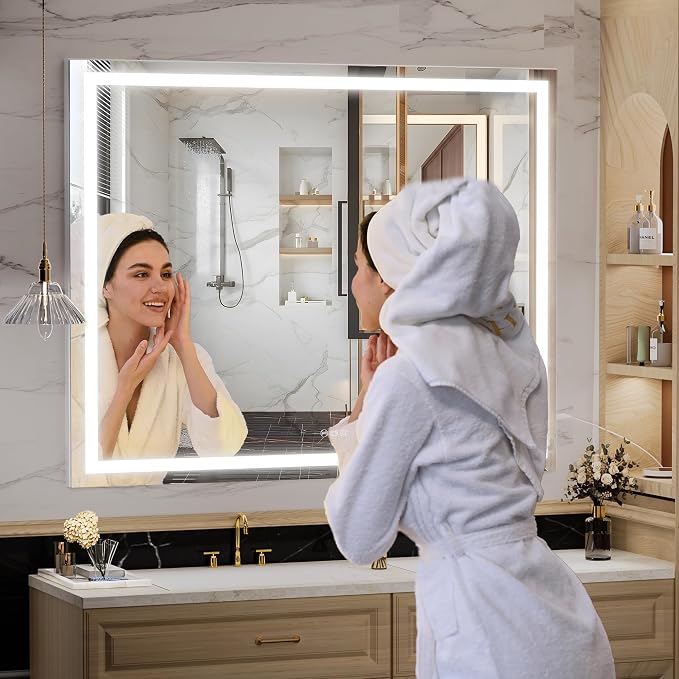 Hasipu Vanity Mirror with Lights, 40" x 30" LED Makeup Mirror, Lighted Makeup Mirror with Dimmable 3 Modes, Touch Screen Control Vanity Mirror Square White