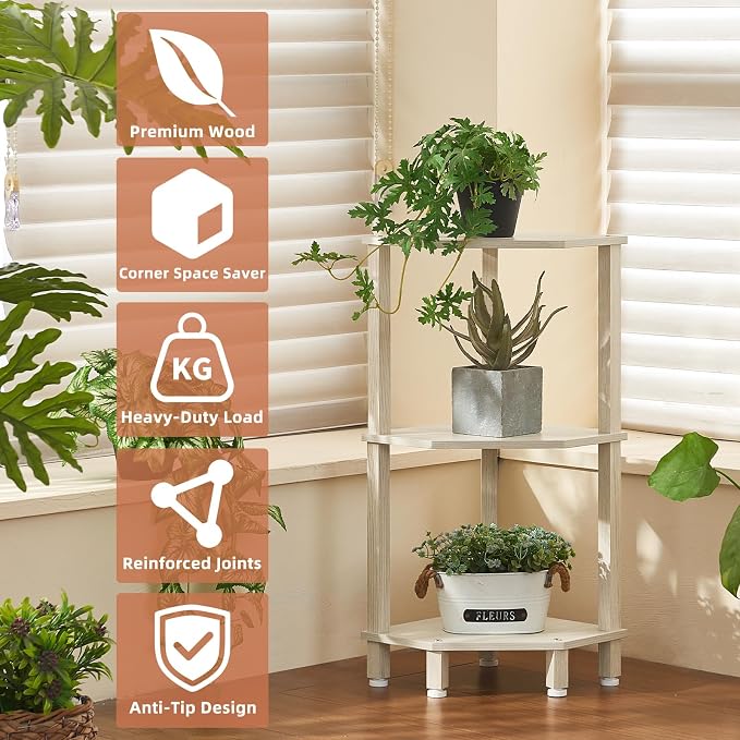 YUFAM 3-Tier Corner Shelf, Grey White | Wooden Small Corner Table with Sturdy 5-Leg Base, Wooden Corner Bookshelf for Adjustable Base