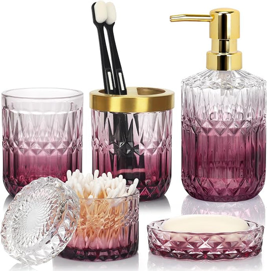 Bathroom Accessories Set, 5Pcs Bathroom Soap Dispenser Set, Glass Bathroom Accessories with Glass Soap Dispenser, Soap Dish, Toothbrush Holder, Tumbler, Cotton Swab Jar (Clear & Red)