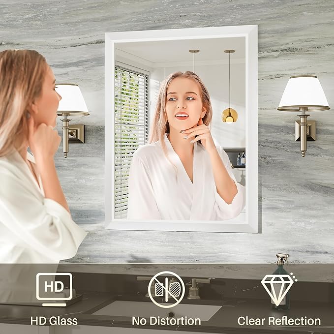 36x30 Inch White Bathroom Mirror for Wall, Thick Metal Framed Rectangle Mirrors for Over Sink, Bedroom, Living Room, Entryway, Anti-Rust, HD Tempered Glass