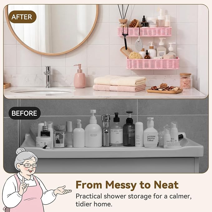 GRANNY SAYS Shower Caddy Hanging, Pink Shower Shelves for Inside Showers | Wicker Adhesive Shelves for Bathroom Organizers and Storage, Bathroom Shelves Wall Mounted with 4 Hooks for Decor, 2 Pack