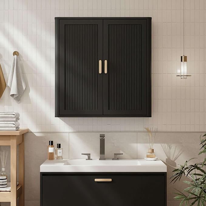 Bathroom Storage Cabinet, Over The Toilet Storage Cabinet, Medicine Cabinet with Adjustable Wood Shelf & Doors for Laundry Room & Kitchen & Living Room(Black)
