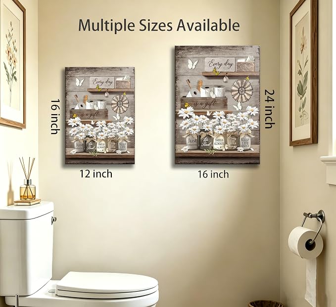 Vintage Daisy Canvas Wall Art,Farmhouse Bathroom Positive Sayings Print,Every Day Is A Gift Wall Decor,Rustic Floral Butterfly Painting,for Toilet Restroom Laundry Room Home Decoration 16 x 24 In