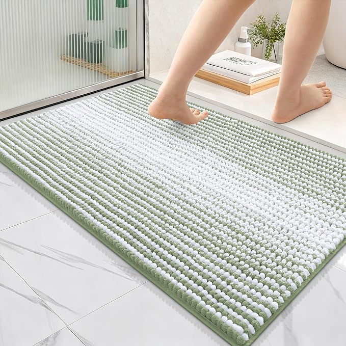 OLANLY Bathroom Rugs 36x24, Soft Chenille Striped Bath Rugs, Sage Green | Extra Absorbent, Rubber Backing, Machine Wash Dry, Bath Mats for Bathroom Floor, Tub and Shower, Home Decor Accessories