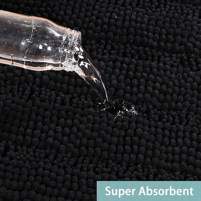 Turquoize Luxury Chenille Bath Rug for Bathroom Rugs Extra Absorbent Bath Mat Non Slip Microfiber Shower Rug for Bathroom Microfiber Shaggy Carpet Rug Size, 17"x 24", Black