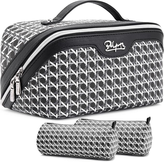BOYATU Travel Makeup Bag Cosmetic Bags for Women: 3 Pcs Set Make up Bag | Large Capacity Waterproof Vegan Leather Organizer Bags with Compartments - Lay flat Toiletry with Handle (M-76Black)