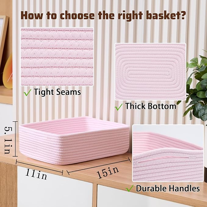 MiniArk Large Shallow Organizing Baskets 15x11x5.1 Inches - Rope Woven Storage Bins for Bathroom, Shelves, Cube Closet, Light Pink 2 Packs