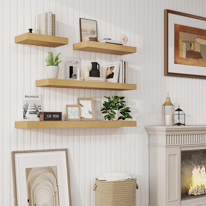 Marsmiles 9.25in Depth 24in Floating Shelves, 24x9.25x1.4, Oak, Set of 2 | Wall Mounted Engineered Wood Shelves, Invisible Brackets for Living Room, Bedroom, Bathroom, Kitchen Decor and Storage
