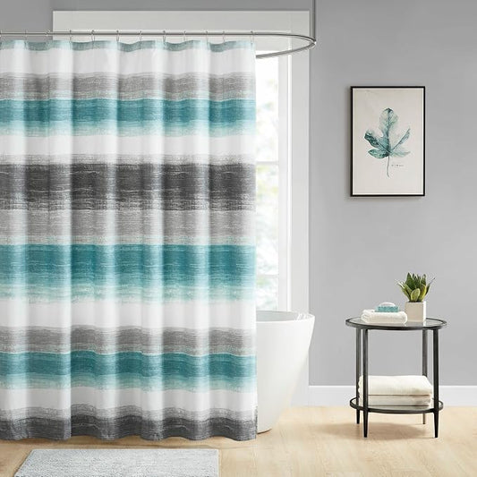 Madison Park Saben Shower Curtain for Bathroom, 72 x 72, Aqua/Grey | Ultra Soft, Microfiber, Adds Privacy, Machine Washable, Striped Pattern, OEKO-TEX Certified