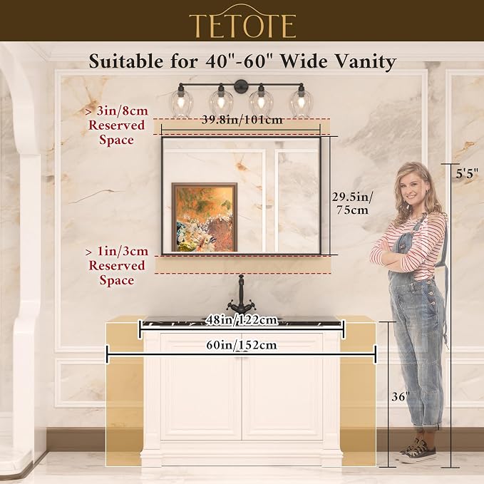Brushed Nickel Bathroom Mirror 40 x 30 Inch Beveled Frame Vanity Mirror, Tempered Glass, Shatterproof, for Modern Bedroom, Entryway, Living Room