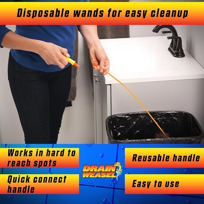 FlexiSnake Drain Weasel Max Sink Snake Hair Clog Remover Tool, 2 Wands | 20" Long Refills, Pipe, Bathroom, Bathtub Drain Cleaner, Removable Handle, Made in The USA