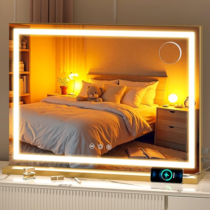 Vanity Mirror with Lights, 28" x 20" LED Makeup Mirror with 10X Magnification, Dimmable 3 Modes, Memory Function, Smart Touch, USB Charging Port, Lighted Makeup Mirror Square Glod
