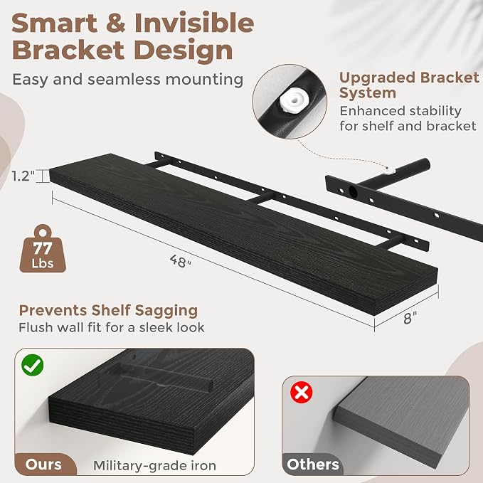 48 Inch Floating Shelves for Wall 2 Pack, 8"D Wood Grain Bathroom Shelves | Invisible Brackets, Black Finish, Easy Install | Engineered Wood Storage Shelves for Kitchen, Study, Bedroom