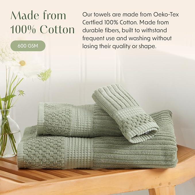 100% Cotton Bath Towel Set | 4-Pack | Textured | Green | Absorbent & Quick-Dry Bathroom Towels | Textured and Durable Cotton Towels for Bathroom | OEKO-TEX | Krista Collection