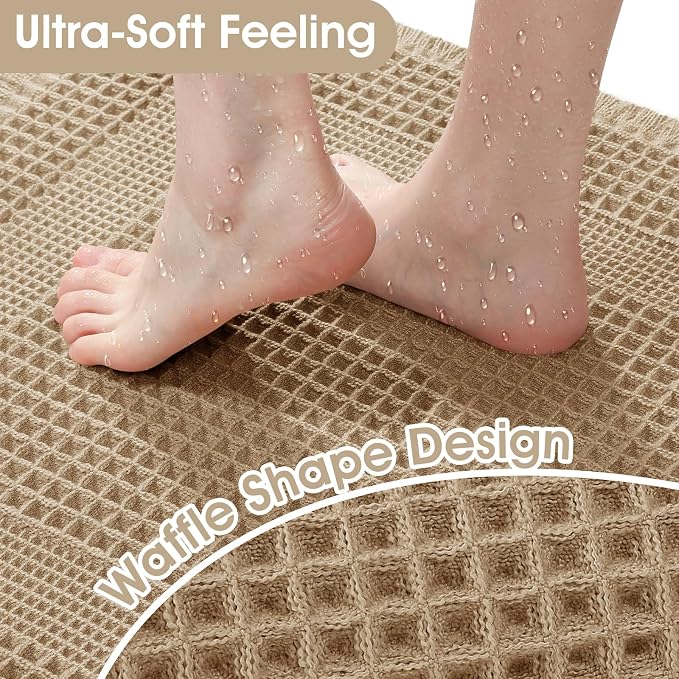 Upgraded Waffle Bath Mat Set 3 Piece Beige-Looped, Super Absorbent Non-Slip Quick Dry Bathroom Rugs with Tassels, Machine Washable Ultra Soft Boho Bath Rugs for Floor, Toilet Mats Boho Farmhouse Decor