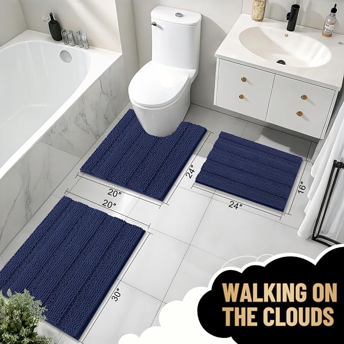 OLANLY Small Bathroom Rugs 24x16, Chenille Bath Rugs, Twilight Sapphire | Rubber Backing, Machine Wash, Extra Absorbent Striped Bath Mats for Bathroom Floor, Tub and Shower, Home Decor Accessories
