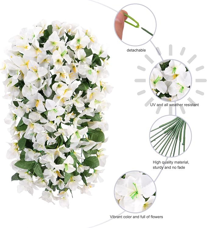 Faux Bougainvillea Artificial Flowers for Outdoors Fake Plants Outside Decoration, 2 PCS White Faux Flowers UV Resistant Look Real Silk Long Trailing Vines for Front Door Porch Planter Patio Garden