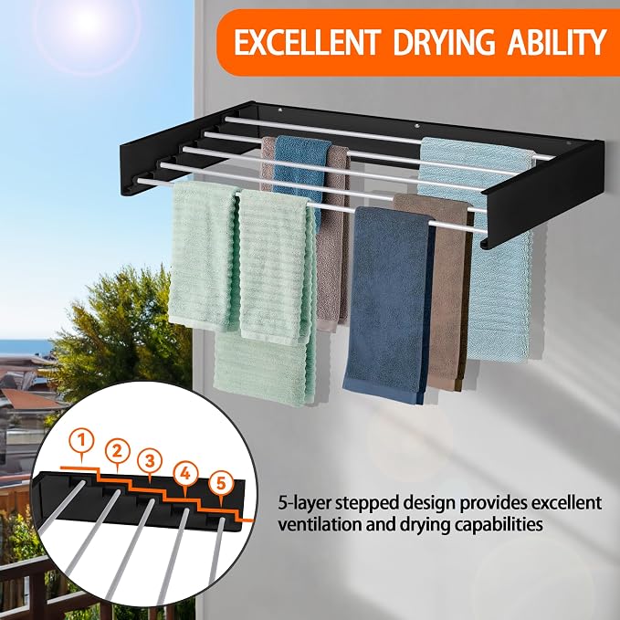 Laundry Drying Rack Wall Mounted Clothes Drying Rack Collapsible with 5 Aluminum Rods and Drilling Template Long Screwdriver Bit 60 lbs Capacity (Black, 40")