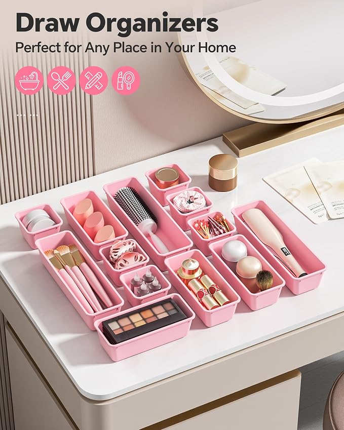 Canfanni 13 Pack Plastic Drawer Organizers Set, 3 Sizes Desk Drawer Organizer Trays for Vanity and Makeup Organizer, Organization and Storage for Makeup, Kitchen Utensils, Bathroom and Office(Pink)