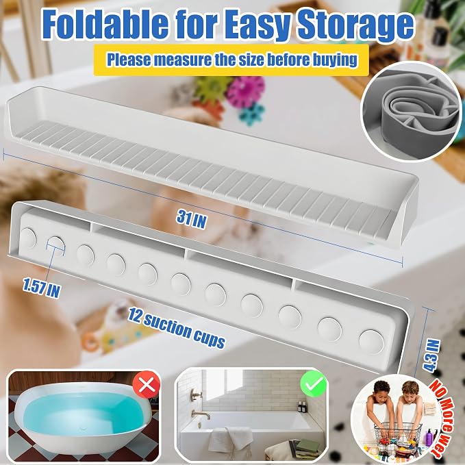 2Pack Bathtub Splash Guard for Kids Adult - 31IN Silicone Bath Tray Shelf for Tub with 11 Suction Cups, Bath Tub Play Shelf for Kids & Toy Holder, Bathtub Accessories Prevent Water Spill in Bathroom