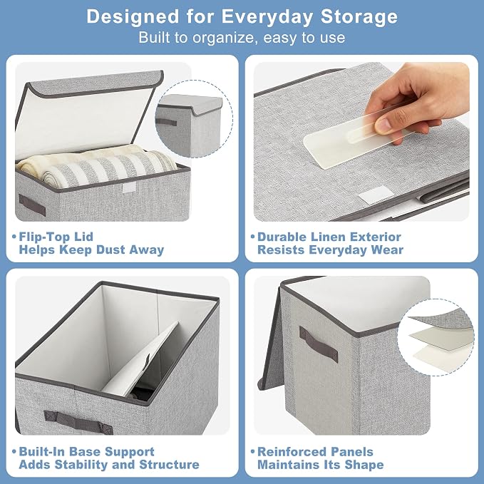 Linen Fabric Foldable Storage Cube Bin Organizer Basket with Flip-Top Lid & Handles, Large Clothes Blanket Box for Home, Office, Closet, Light Gray, 4 Pack 14.6 x 9.5 x 9.5”
