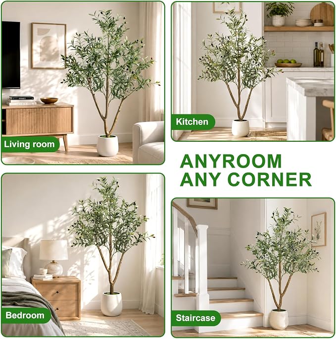 5FT Artificial Olive Tree with Lights & Planter, Realistic Faux Olive Plant | Realistic Silk Olive Tree For Apartments & Home Office Decor, With Lifelike Fruits, Warm Lights, Planter & Space Design