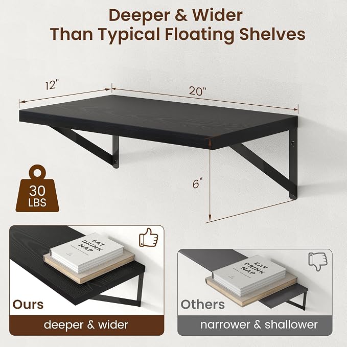 Deep Floating Shelves - 20 Inch Black Floating Shelves Set of 2-12 Inch Deep Wood Wall Shelves for Living Room Bathroom Kitchen
