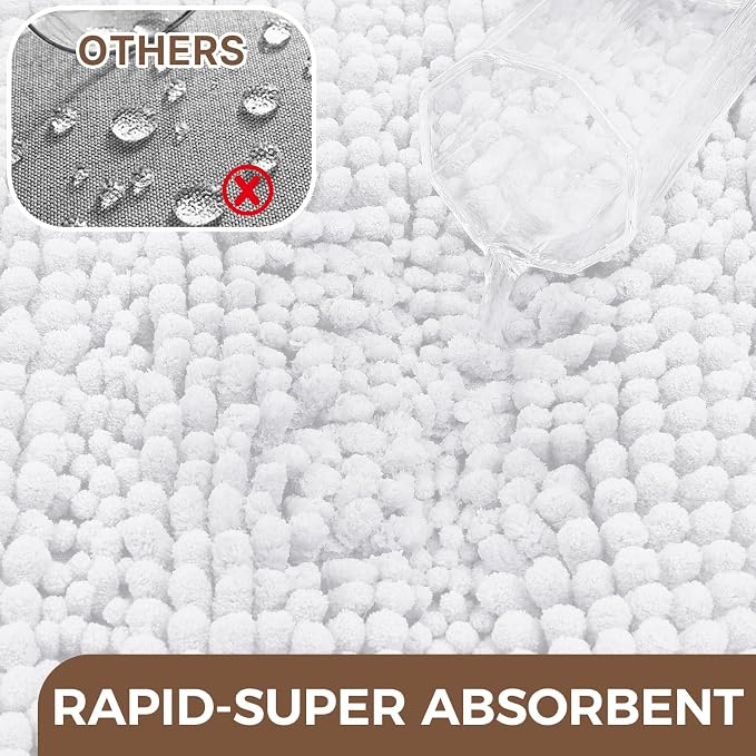 Bcoimo Bath Rug Mat,White Chenille High Absorbent Long Bathroom Runner Rugs | Non Slip with Rubber Backing Bathroom Floor Mat;High Absorbent And Quick Drying 48x30 Microfiber mats; Machine Washable Mats