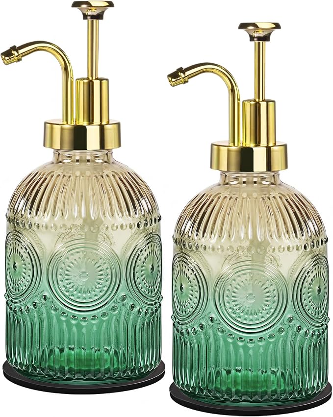 Amolliar 12 Oz Glass Soap Dispenser with Plastic Pump,Green-Gradient,2 Pack | Antique Rustic Hand Liquid Bottle for Bathroom/Kitchen, Vintage/Farmhouse/Boho Style, Pump Dispenser, Refillable