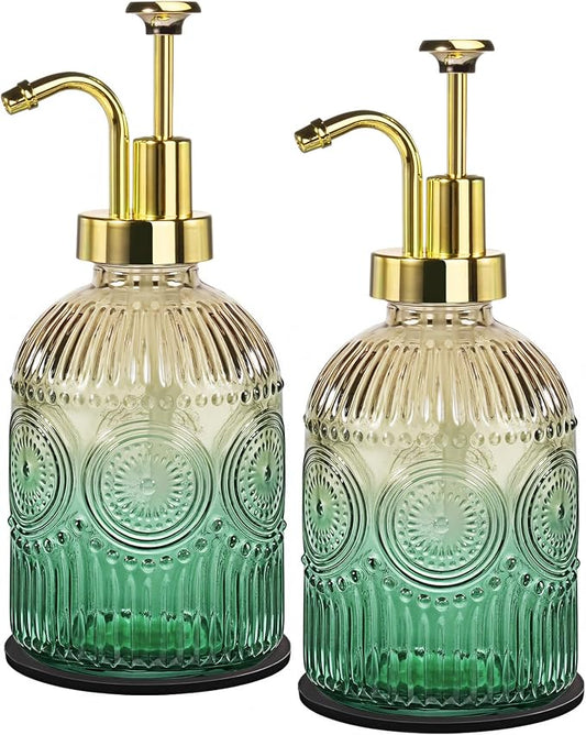 Amolliar 12 Oz Glass Soap Dispenser with Plastic Pump,Green-Gradient,2 Pack | Antique Rustic Hand Liquid Bottle for Bathroom/Kitchen, Vintage/Farmhouse/Boho Style, Pump Dispenser, Refillable