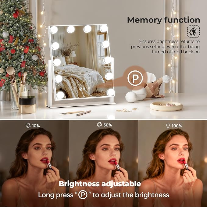 Vanity Mirror with Lights, 12 Bulbs Makeup Mirror with Smart Touch Control, 3-Color Dimmable Lighting, 360° Rotation
