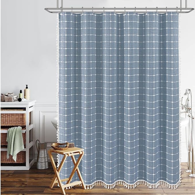 60x84 Boho Farmhouse Linen Heavy Duty Fabric Shower Curtain Set, Blue | Narrow Long Size, 330GSM Linen Blend, 3-side Tassels, Water Repellent Cloth, 10 Hooks, Rustic Bohemian, Machine Washable