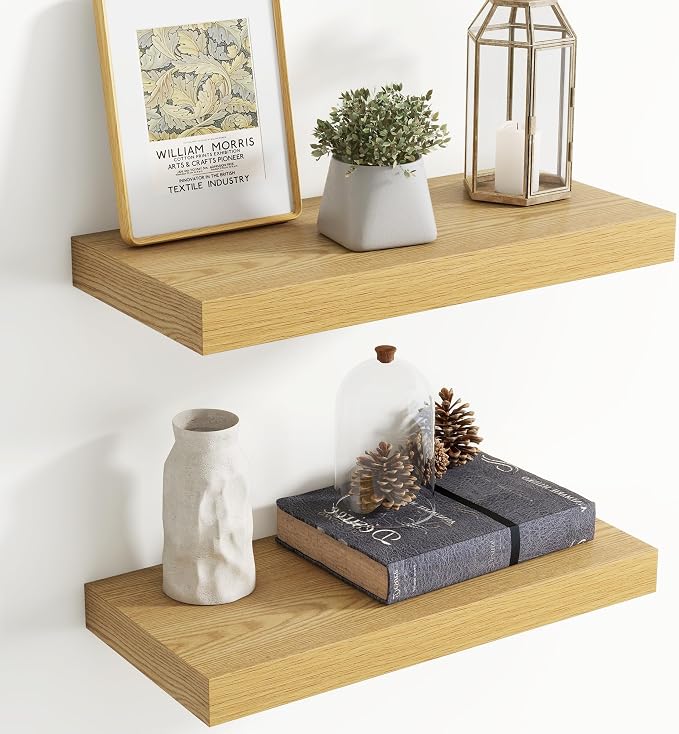 20 Inch Floating shelves for Wall, 8 Inch Deep, Invisible Brackets, Oak | Rustic Wall Mounted Shelf, Storage & Display, Wooden Shelves for Living Room, Kitchen, Bathroom and Home Decor, Set of 2