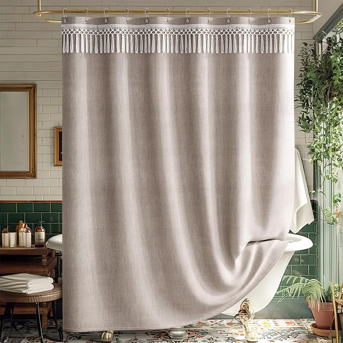 AmazerBath Taupe Boho Shower Curtain with Tassels, Linen Textured Farmhouse Shower Curtain Set with 12 Hooks, Washable Water-Repellent Neutral Fabric, 72x72 Inches Tan